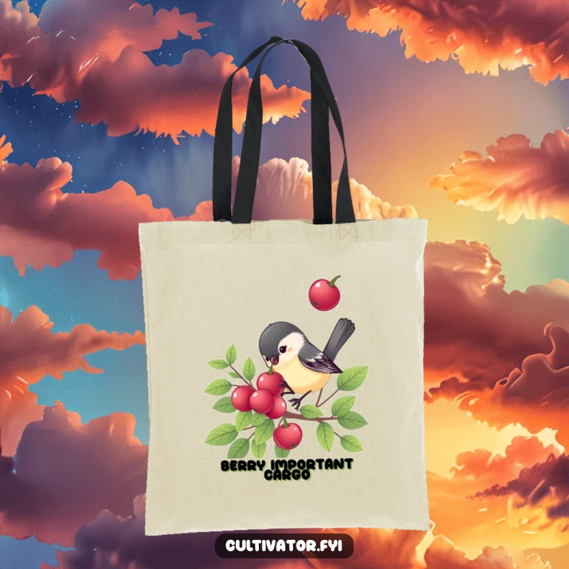 Funny chickadee tote bag, a happy bird on a berry bush, durable and stylish, showcasing cheerful nature, great funny gift.