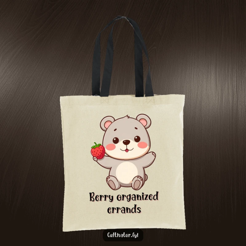 Funny Bear Tote Bag: A playful bear proudly presents a single, perfect berry, highlighting its successful foraging and happy demeanor.