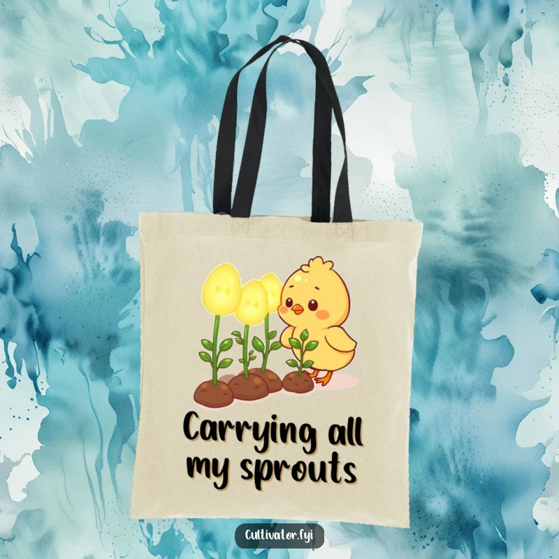 Funny tote bag with a cute chick character happily tending to oversized, glowing seedlings, ideal for garden supplies and shopping.