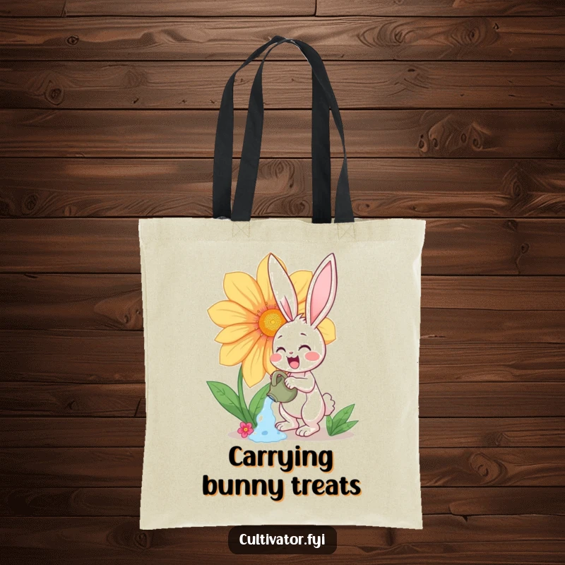 Funny tote bag with a happy bunny character enthusiastically watering a giant, vibrant flower, ideal for garden supplies and shopping.