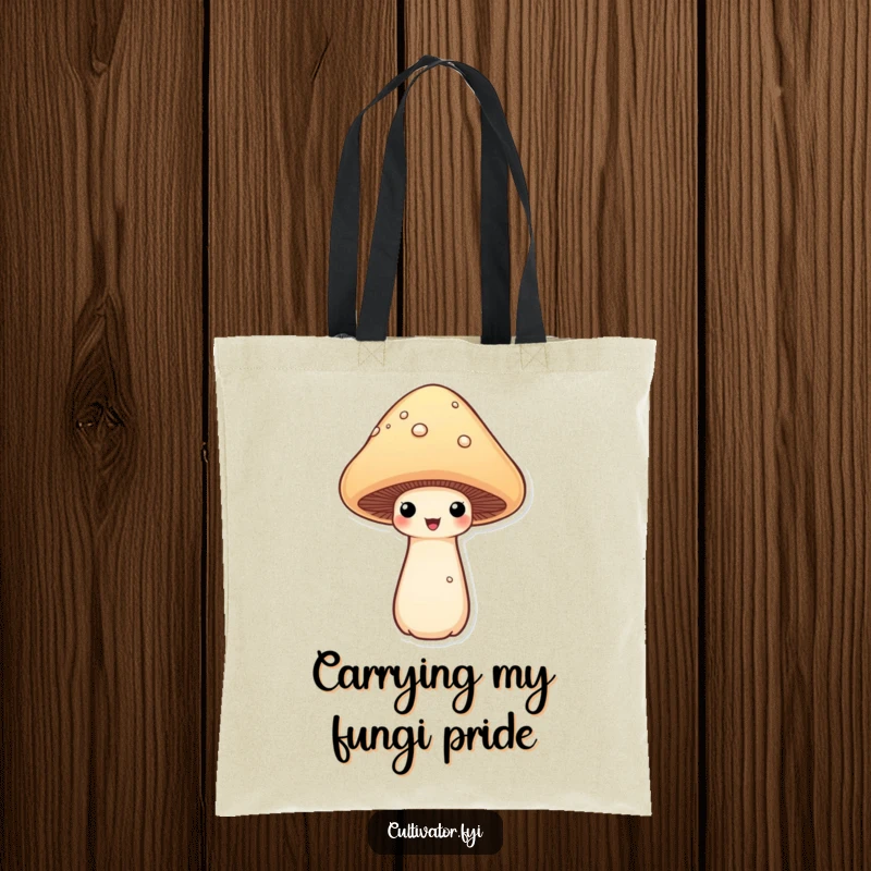 Funny proud mushroom tote bag featuring a mushroom proudly displaying its fully grown cap, ideal for carrying groceries or gifts with a humorous touch.
