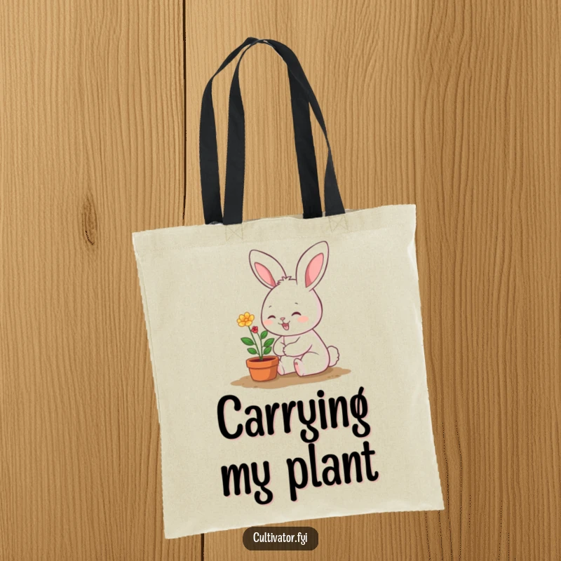 Funny tote bag showcasing a smiling bunny character happily tending a tiny, vibrant potted plant, perfect for carrying supplies.