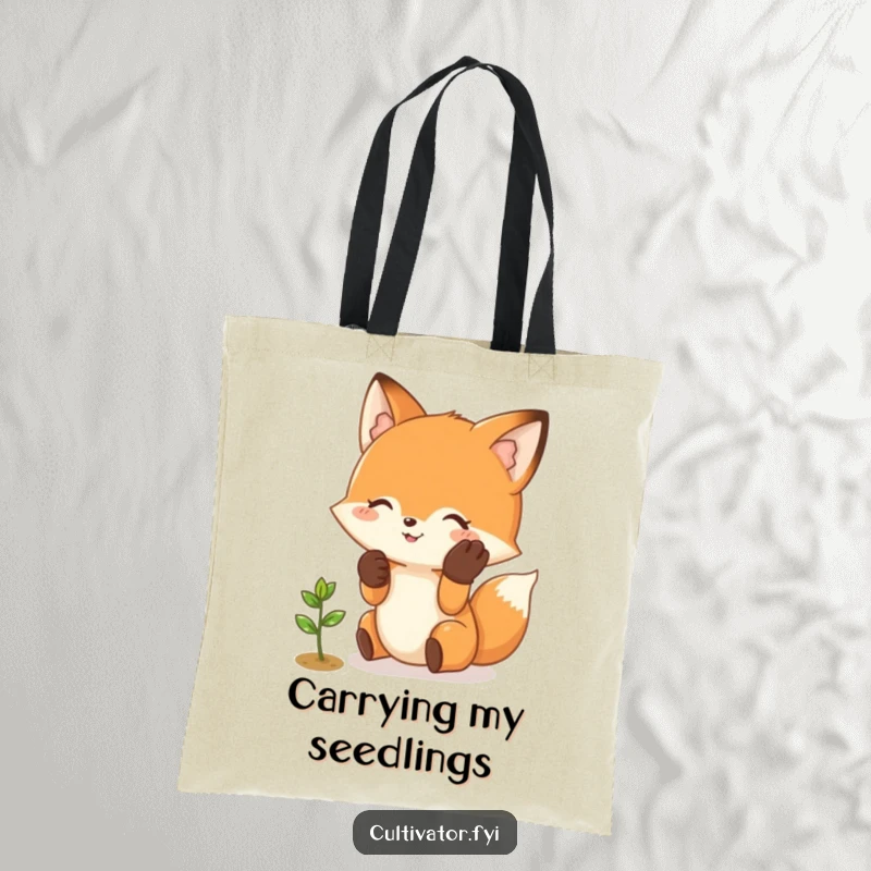 Funny Fox Tote Bag: Happy fox wearing gloves gently cares for a small sprout, perfect for errands.