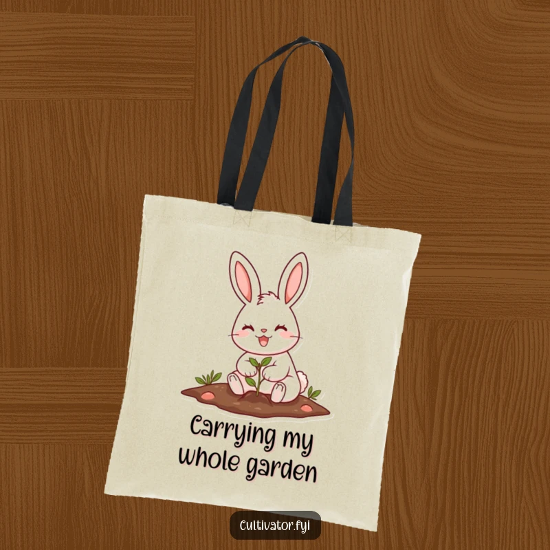 Funny cheerful rabbit planting a tiny seed with a big smile tote bag, practical and packed with gardening joy.
