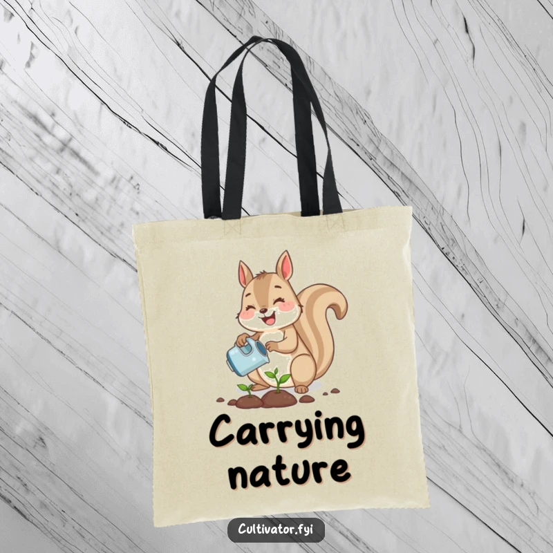 Funny cute squirrel joyfully planting a tiny seed with a watering can, a humorous and practical tote bag.