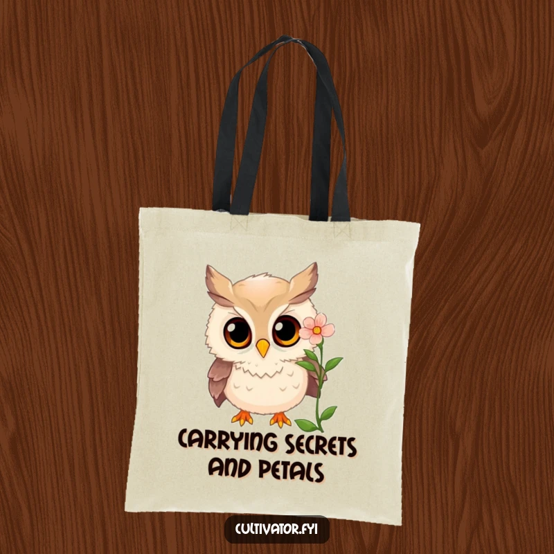 Funny owl tote bag featuring a curious owl examining a blooming flower with wide, amazed eyes, a stylish funny gift.
