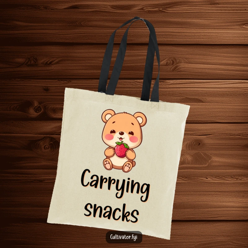 Funny tote bag with a playful bear character proudly presenting a berry, perfect for carrying everyday items.