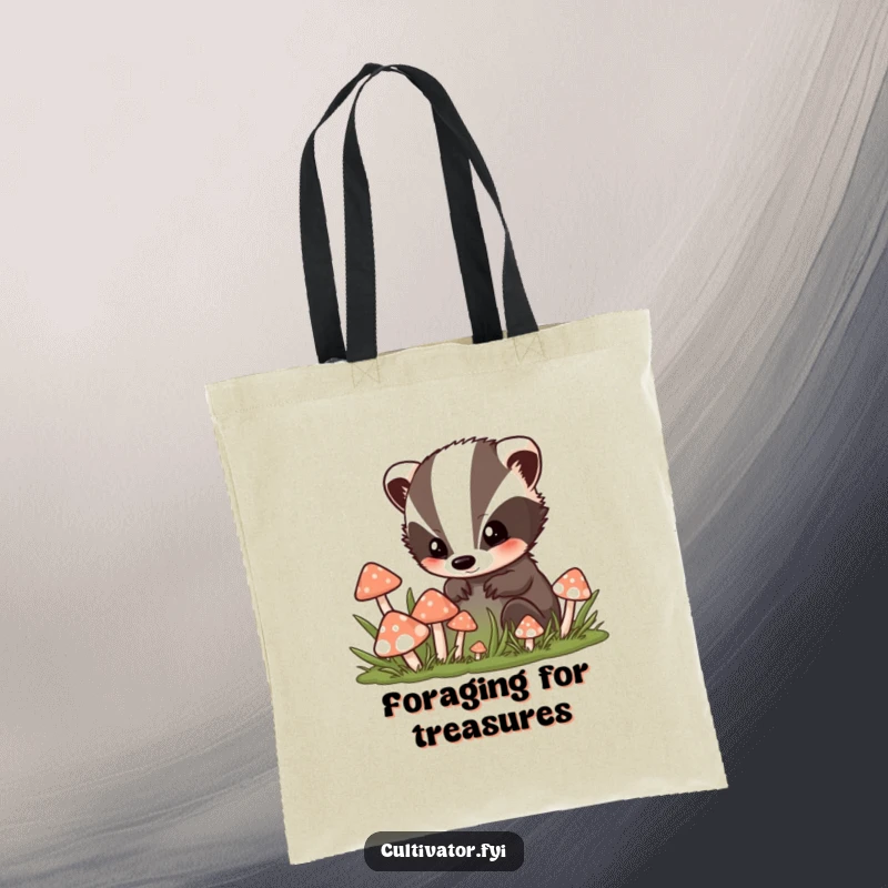 Funny tote bag showing an inquisitive badger peeking into a delightful mushroom patch, ideal for shopping or carrying daily necessities.