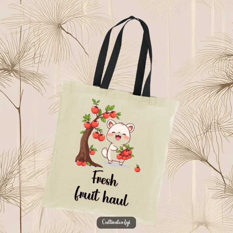 Funny Tote Bag illustrating a happy animal character joyfully collecting ripe fruits from a miniature tree, perfect for market trips or garden harvests.
