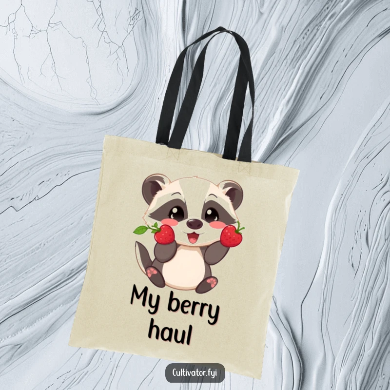 Funny tote bag showing a playful badger proudly displaying a freshly picked berry, ideal for outdoor enthusiasts.