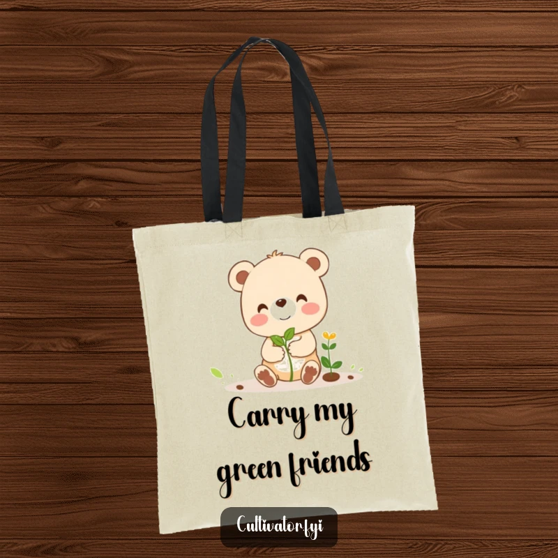 Funny tote bag featuring a cheerful bear cub character humorously guiding a tiny sprout, perfect for a funny shopping trip.