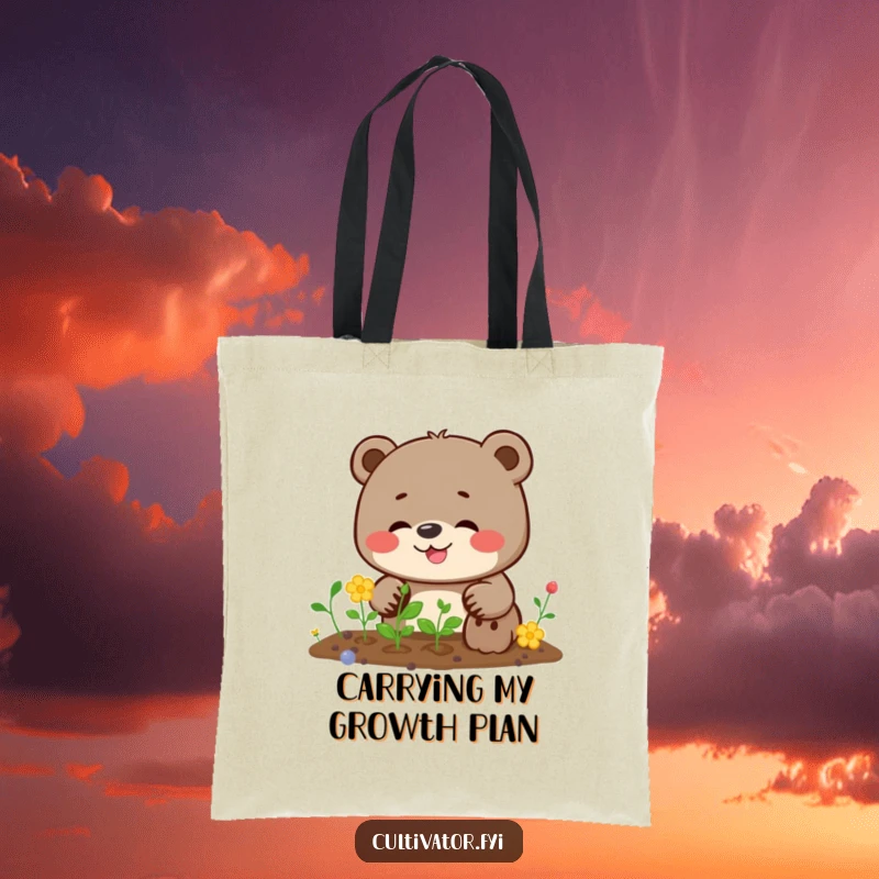 Funny bear tote bag featuring a giggling bear focused on planting seeds, ideal for carrying essentials with a smile.