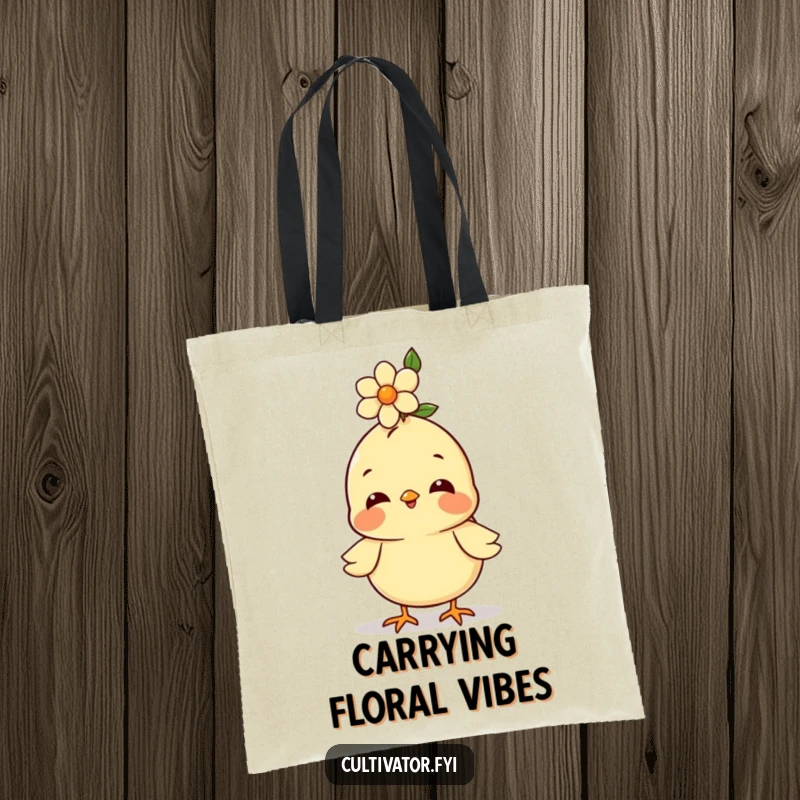 Funny tote bag, happy chick balancing a flower on its head, cheerful illustration, reusable shopper, humorous accessory.