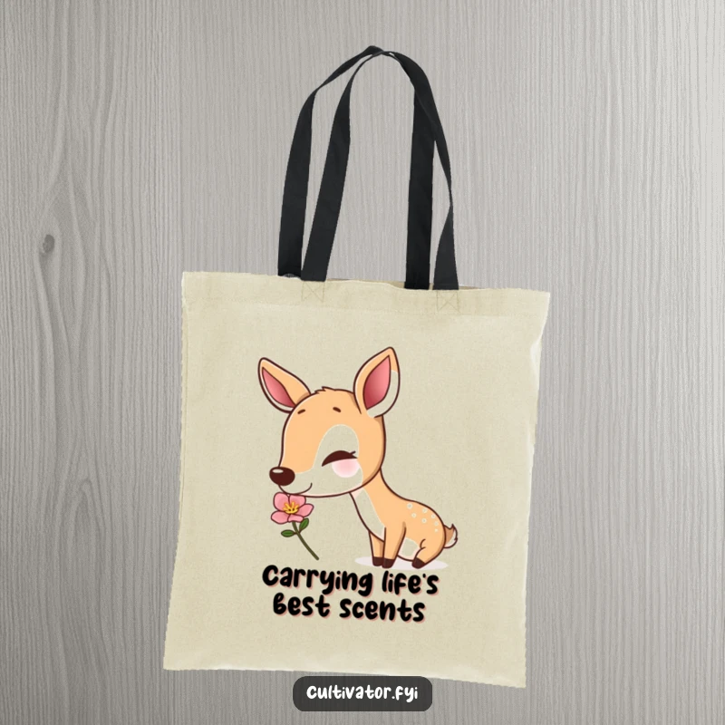 Funny deer tote bag, a deer peacefully sniffing a flower, durable and stylish, showcasing nature's humor, great funny gift.