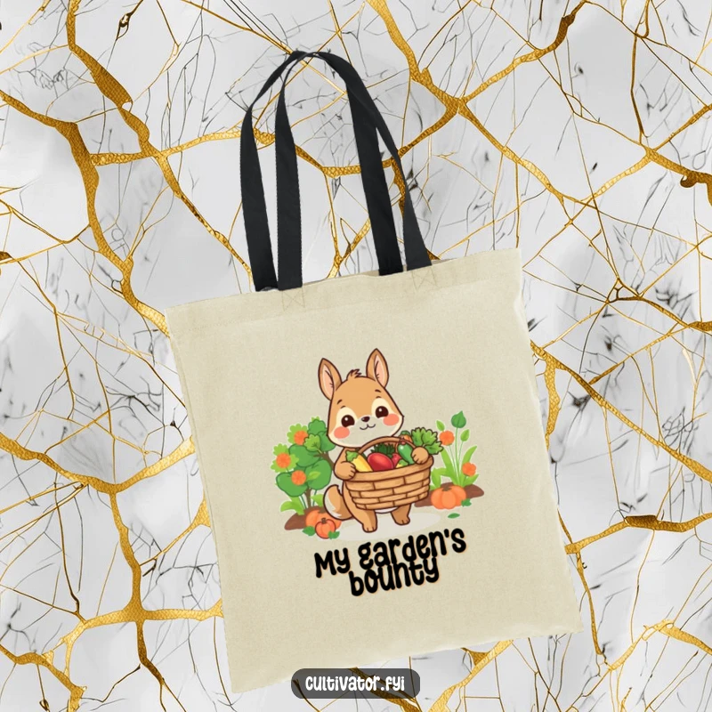 Funny tote bag with a smiling animal character offering a basket of fresh produce, perfect for carrying groceries in style.