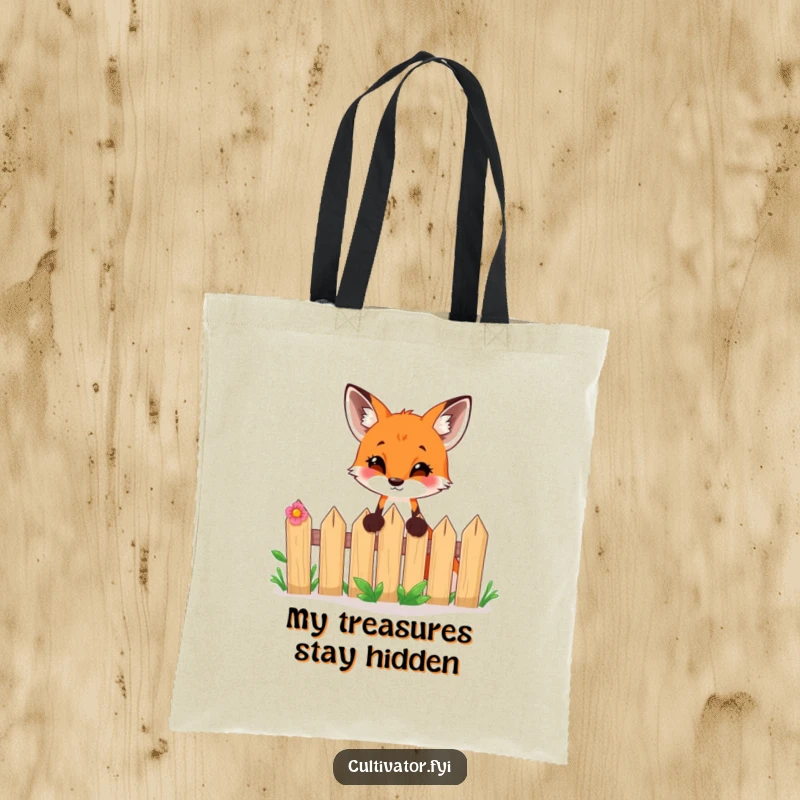 Funny tote bag illustrating a curious fox peeking over a garden fence with excitement, ideal for shopping and gifts.