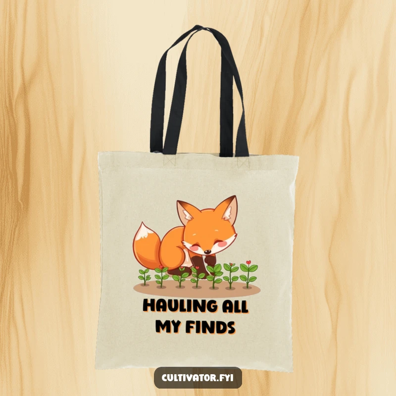 Funny fox tote bag featuring a playful fox tending to tiny seedlings with enthusiasm, a stylish funny gift.