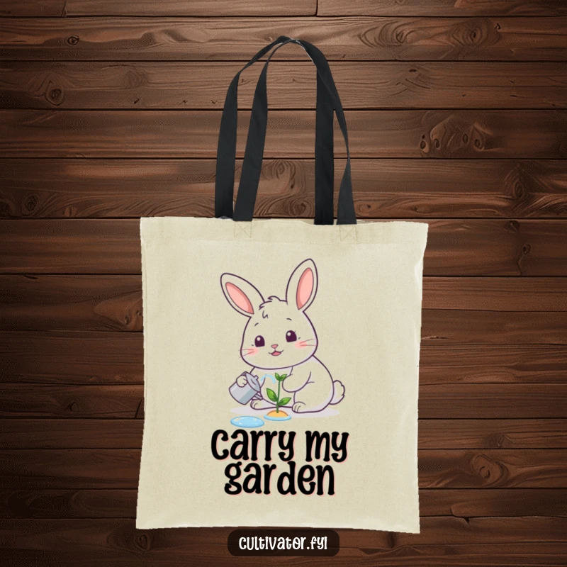 Funny tote bag, happy rabbit watering a tiny sprout with a cheerful expression, humorous and practical.