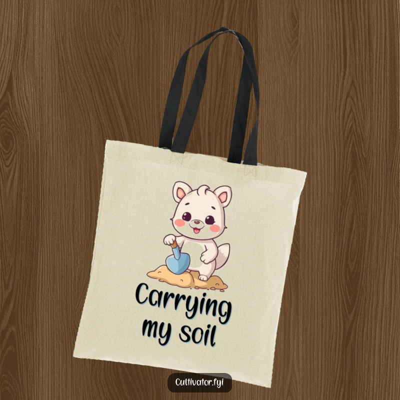 Funny tote bag with a cheerful animal character using a small trowel to shape the earth, perfect for carrying gardening supplies.