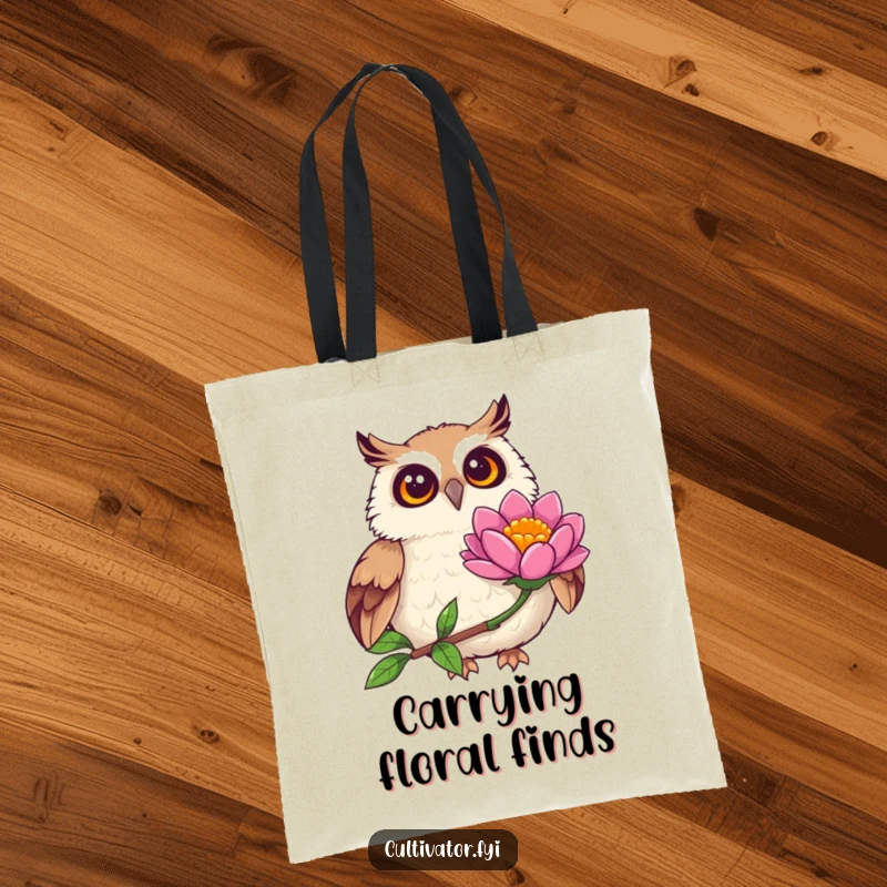 Funny joyful owl tote bag, observing a vibrant flower bloom with wide eyes, a humorous and practical accessory for nature enthusiasts.