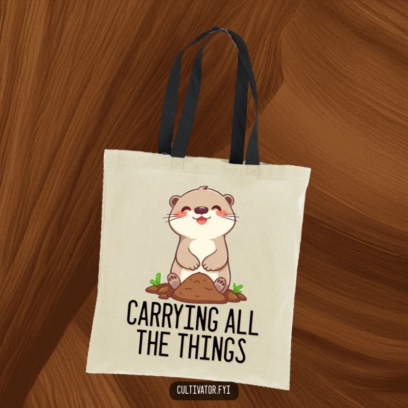 Funny tote bag featuring a happy otter character joyfully digging in a small patch of soil, ideal for carrying essentials.