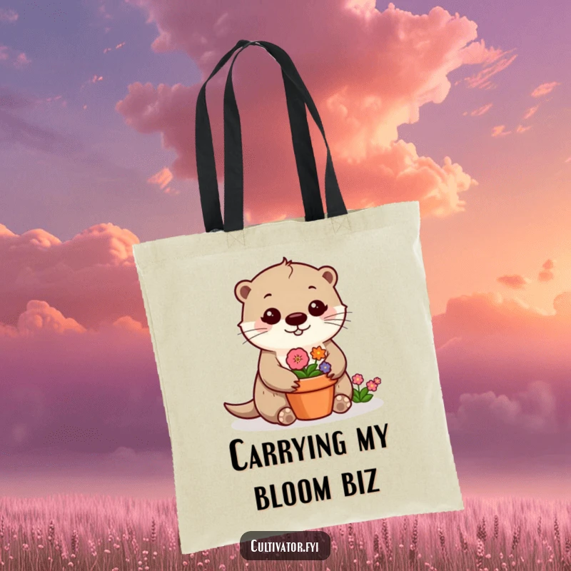 Funny otter tote bag showing a cheerful otter delightedly tending a small flower pot, perfect for carrying essentials.