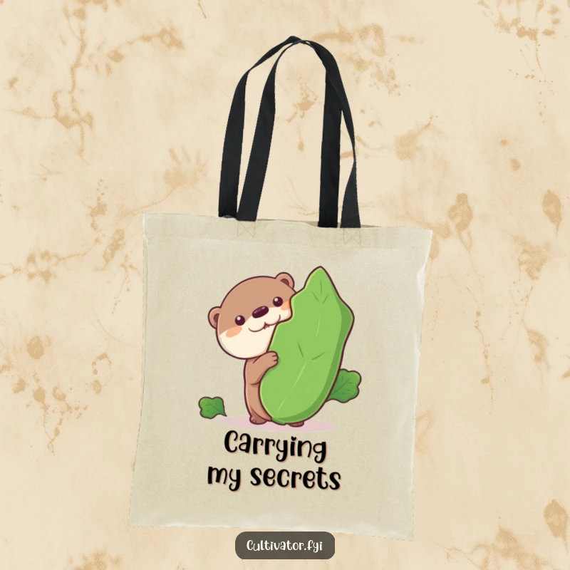 Funny tote bag, curious otter peeking from behind a leafy vegetable, reusable shopping bag, humorous animal illustration.