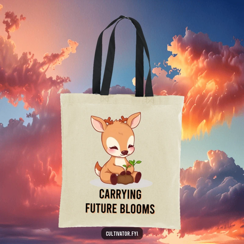 Funny perky deer tote bag, carefully nurturing a sprouting seedling with its paws, a beautiful and humorous nature accessory.