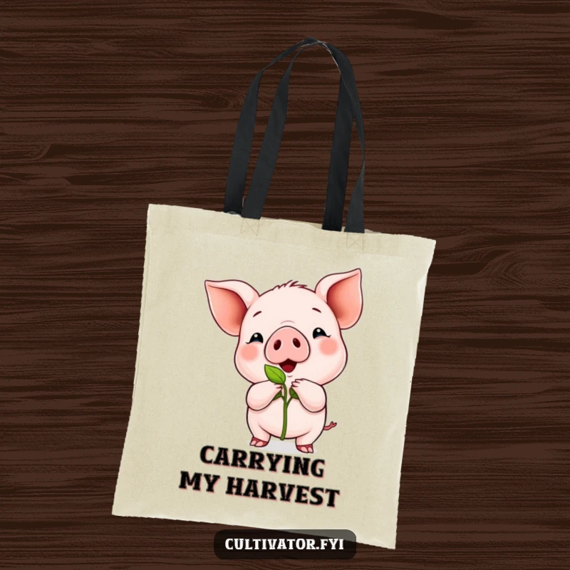 Funny tote bag with a proud piglet displaying a tiny green sprout, perfect for gardeners and plant lovers.