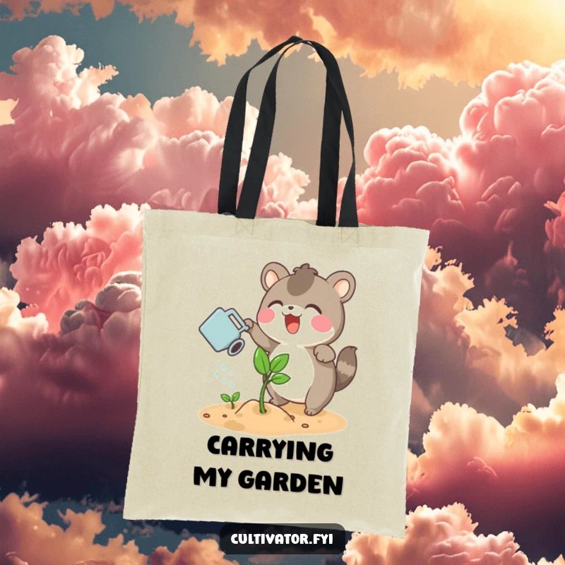 Funny tote bag with an excited animal character watering a sprouting plant with a small watering can, great for supplies.
