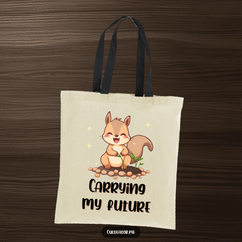 Funny tote bag featuring a joyful squirrel character humorously planting sparkling seeds, perfect for a funny shopping trip.
