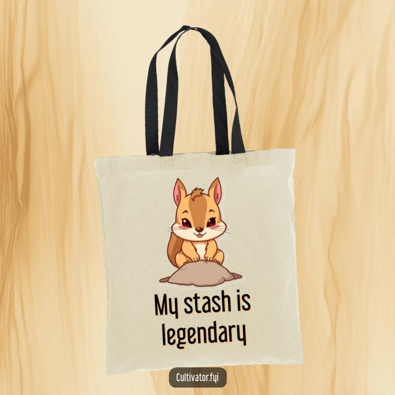 Funny squirrel tote bag with a determined squirrel digging, ideal for carrying items and showing off a humorous personality.