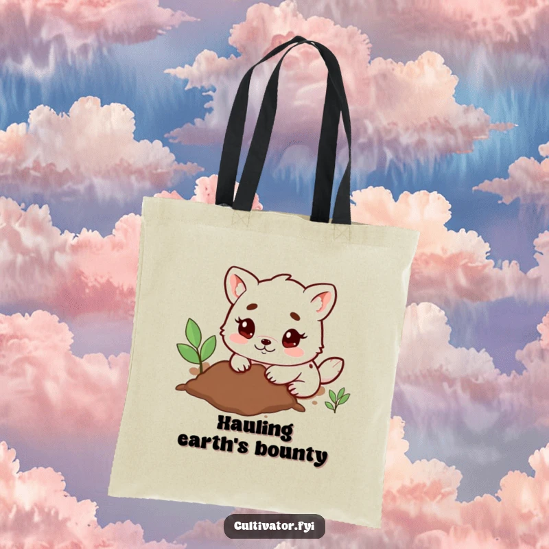 Funny Tote Bag with a determined animal character happily digging in the dirt using its small paws, perfect for garden enthusiasts.